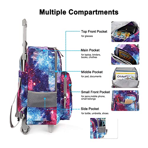 Rolling Backpack 18 inch Double Handle with Lunch Bag Wheeled Kids Backpack, Galaxy