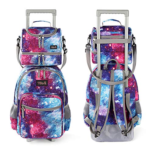 Rolling Backpack 18 inch Double Handle with Lunch Bag Wheeled Kids Backpack, Galaxy