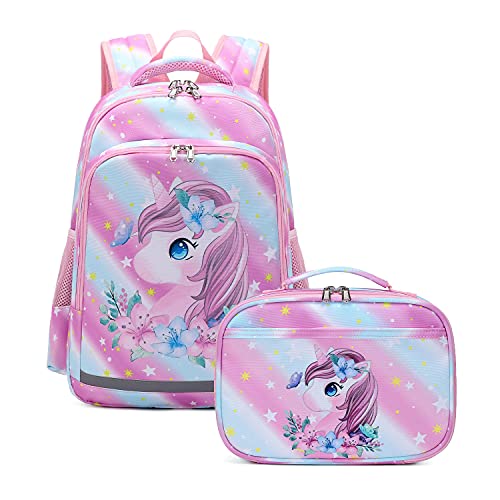 Kids Backpack For Girls Unicorn School Backpack Cute Toddler Book Bag Set With Lunch Box, Pink