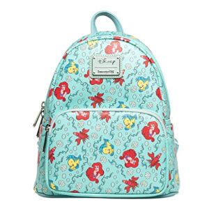 loungefly x disney little mermaid ariel, flounder and sebastian aop backpack