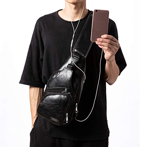 Men's Leather Sling Bag Multipurpose Daypack Shoulder Chest Crossbody Bag Black