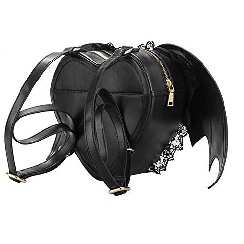 Neevas Fashion Girl Gothic Black Bat Heart Wings Backpack Goth Punk Lace Wing Bag One_Size