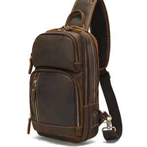 Lannsyne Small Vintage Leather Sling Bag For Men Crossbody Chest Daypack fits 10.5" iPad