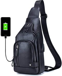 bullcaptain leather sling bag mens chest bag casual shoulder crossbody bags travel hiking backpacks daypack with usb charging port (black)