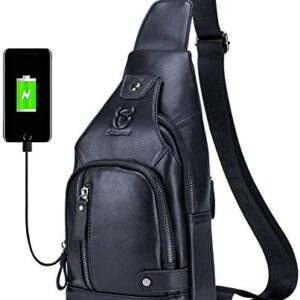 BULLCAPTAIN Leather Sling Bag Mens Chest Bag Casual Shoulder Crossbody Bags Travel Hiking Backpacks Daypack with USB Charging Port (Black)