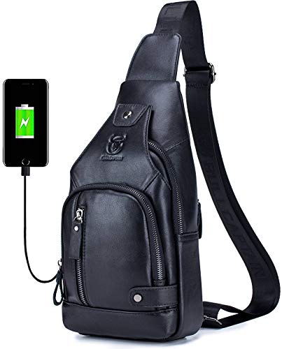 BULLCAPTAIN Leather Sling Bag Mens Chest Bag Casual Shoulder Crossbody Bags Travel Hiking Backpacks Daypack with USB Charging Port (Black)