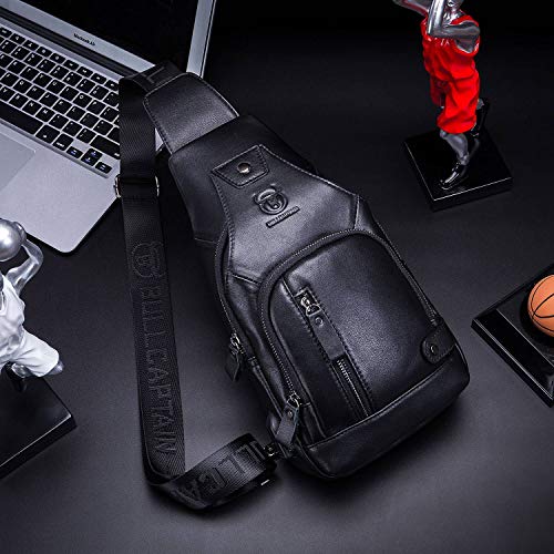 BULLCAPTAIN Leather Sling Bag Mens Chest Bag Casual Shoulder Crossbody Bags Travel Hiking Backpacks Daypack with USB Charging Port (Black)