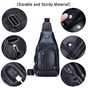 BULLCAPTAIN Leather Sling Bag Mens Chest Bag Casual Shoulder Crossbody Bags Travel Hiking Backpacks Daypack with USB Charging Port (Black)