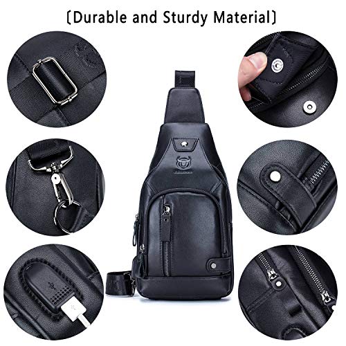 BULLCAPTAIN Leather Sling Bag Mens Chest Bag Casual Shoulder Crossbody Bags Travel Hiking Backpacks Daypack with USB Charging Port (Black)