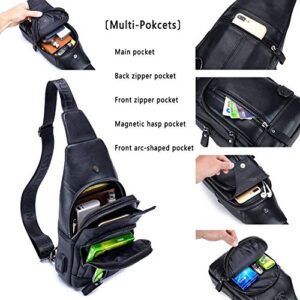 BULLCAPTAIN Leather Sling Bag Mens Chest Bag Casual Shoulder Crossbody Bags Travel Hiking Backpacks Daypack with USB Charging Port (Black)