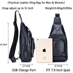 BULLCAPTAIN Leather Sling Bag Mens Chest Bag Casual Shoulder Crossbody Bags Travel Hiking Backpacks Daypack with USB Charging Port (Black)