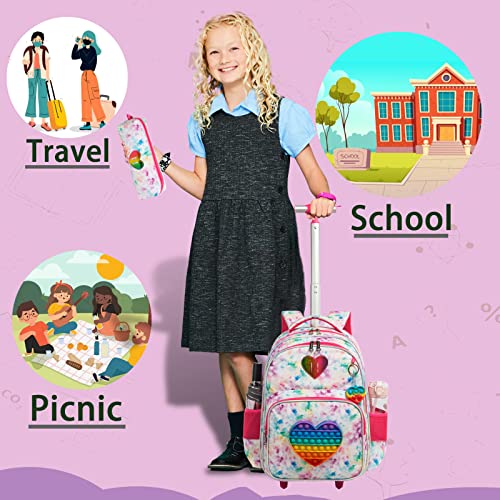 Meetbelify Rolling Backpack for Girls Wheels Backpacks for Elementary Student Kids Wheeled Trolley Trip Luggage for Teen Girls with Lunch Box Pencil Case