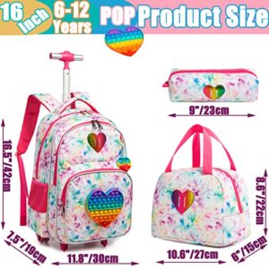Meetbelify Rolling Backpack for Girls Wheels Backpacks for Elementary Student Kids Wheeled Trolley Trip Luggage for Teen Girls with Lunch Box Pencil Case