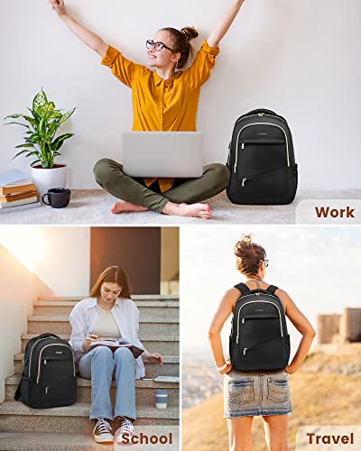 LOVEVOOK Laptop Backpack for Women, Black Business Travel Backpacks with USB Port, Water Resistant Work Teacher Computer Bag, Stylish College School Bookbag, Fits 15.6" Laptop