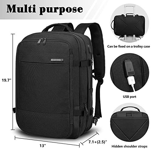 TUGUAN Travel Laptop Backpack 40L Large Computer Backpack with USB Charging Port 17 Inch Laptop Backpack for Men Expandable Backpacks for Men Women, Black- Suitable for Travel