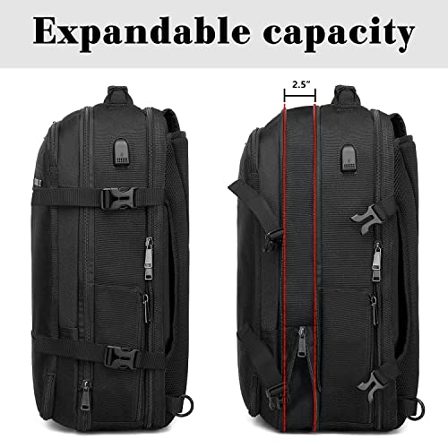 TUGUAN Travel Laptop Backpack 40L Large Computer Backpack with USB Charging Port 17 Inch Laptop Backpack for Men Expandable Backpacks for Men Women, Black- Suitable for Travel