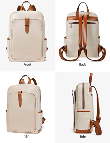 BOSTANTEN Leather Laptop Backpack for Women,15.6 inch Computer Backpack Purse College Daypack Work Travel Bag Beige-White