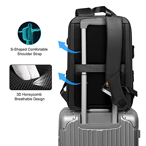 FENRUIEN Anti-Theft Hard Shell Backpack 15.6-Inch,Expandable Slim Business Travel Laptop Backpack for Men,Water-repellent Black Laptop Bag with USB Port