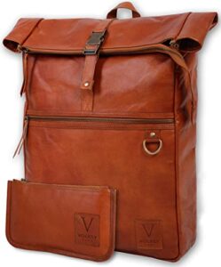 volksy bags leather backpack for men & women, leather backpack, leather laptop backpack for women & men, leather bookbag, brown vintage backpack rucksack roll top bag pack for work, travel & business