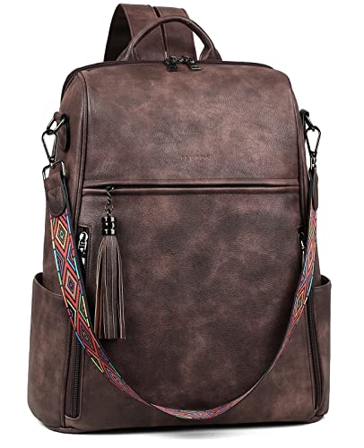 FADEON Laptop Backpack Purse for Women Large Designer PU Leather Laptop Bag, Ladies College Book Bag Shoulder Bags