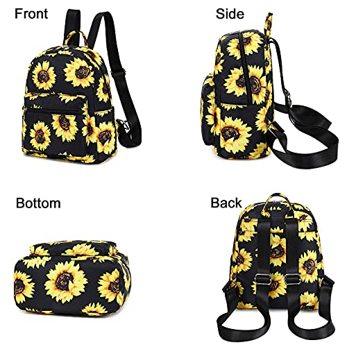 LEDAOU Mini Backpack Girls Cute Small Backpack Purse for Women Teens Kids School Travel Shoulder Purse Bag (Black Sunflower)