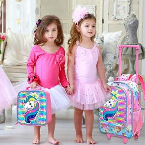 AGSDON 3PCS Rolling Backpack for Girls, Kids Roller Wheels Bookbag, Wheeled School Bag with Lunch Bag - Unicorn