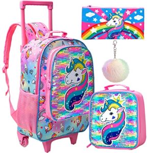 agsdon 3pcs rolling backpack for girls, kids roller wheels bookbag, wheeled school bag with lunch bag – unicorn