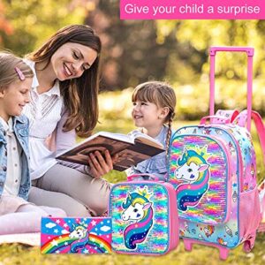 AGSDON 3PCS Rolling Backpack for Girls, Kids Roller Wheels Bookbag, Wheeled School Bag with Lunch Bag - Unicorn