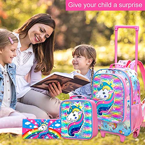 AGSDON 3PCS Rolling Backpack for Girls, Kids Roller Wheels Bookbag, Wheeled School Bag with Lunch Bag - Unicorn