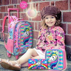 AGSDON 3PCS Rolling Backpack for Girls, Kids Roller Wheels Bookbag, Wheeled School Bag with Lunch Bag - Unicorn