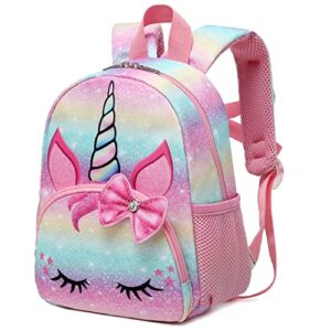 octsky unicorn toddler backpack girls mini backpack for kids, lightweight preschool backpack for kindergarten little girls bookbag with chest strap mini