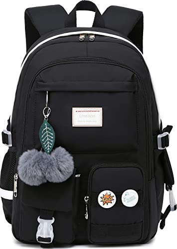 Lmeison Backpack for Girls Waterproof, Cute College Bookbag Black School Bag for Elementary School Middle School, 15.6in Laptop Backpack Anti Theft Travel Daypack for Women Teens Teenage Kids