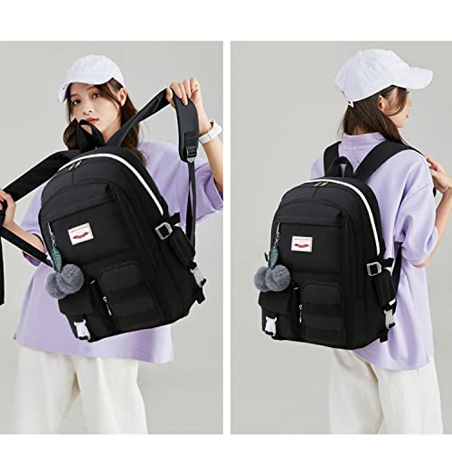 Lmeison Backpack for Girls Waterproof, Cute College Bookbag Black School Bag for Elementary School Middle School, 15.6in Laptop Backpack Anti Theft Travel Daypack for Women Teens Teenage Kids