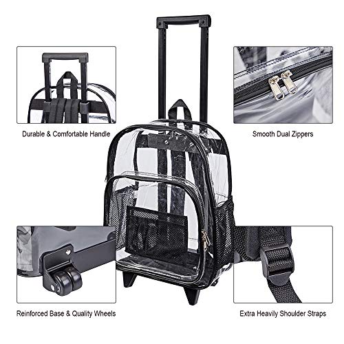 Rolling Clear Backpack, Heavy Duty See Through Bookbag, Transparent PVC Cold-resistant Backpack with Wheels ( Black)
