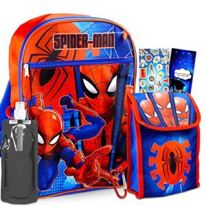 marvel spiderman backpack with lunch box ~ 5 pc bundle with spiderman school bag, lunch bag, water bottle, stickers and more (spiderman school supplies for kids)