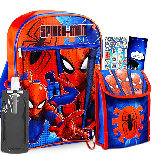 Marvel Spiderman Backpack With Lunch Box ~ 5 Pc Bundle With Spiderman School Bag, Lunch Bag, Water Bottle, Stickers And More (Spiderman School Supplies For Kids)