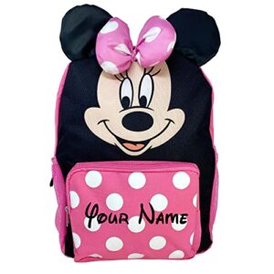 personalized minnie mouse face with minnie bow pink with white polka dots back to school or travel book bag backpack – 16 inches