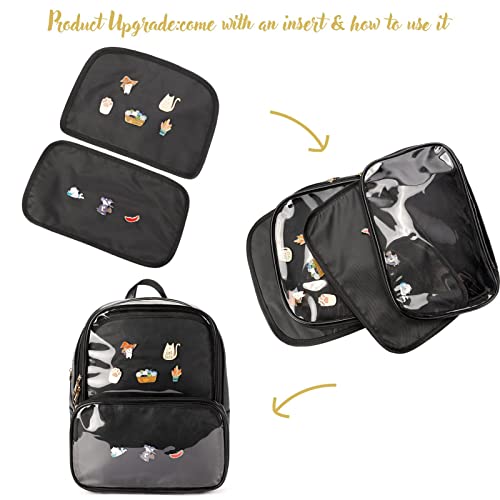 STEAMEDBUN Ita Bag Double Window Candy PU Leather Backpack Kawaii Pins Bag with insert(Black-Large)