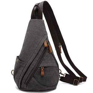 LOVEVOOK Sling Bag Canvas Crossbody Backpack Genuine Leather Shoulder Bag Casual Daypacks For Men Cycling Hiking Travel