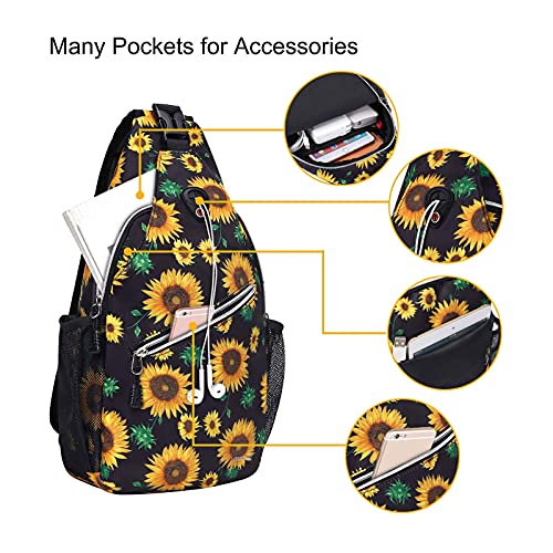 MOSISO Sling Backpack,Travel Hiking Daypack Sunflower Rope Crossbody Shoulder Bag, Black