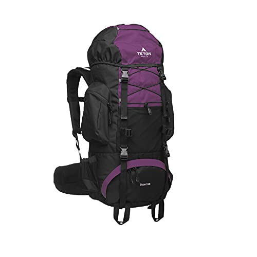 TETON Sports Scout Internal Frame Backpack - High-Performance Hiking, Camping & Travel - Water Bladder Storage & Rain Cover Repellant - Adjustable Gear for Sleeping Bag Backpacking - Huckleberry, 55L