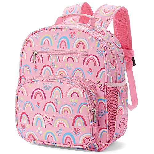 Telena Kids Backpack for Boys Girls, Cute Water Resistant Toddler Preschool Backpack with Adjustable Padded Straps, Pink Rainbow