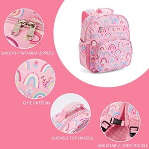 Telena Kids Backpack for Boys Girls, Cute Water Resistant Toddler Preschool Backpack with Adjustable Padded Straps, Pink Rainbow