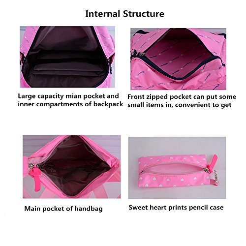 VIDOSCLA 3Pcs Heart Printing Backpack Sets Bowknot Primary Schoolbag Travel Daypack Shoulder Bag Girls Rucksack knapsack