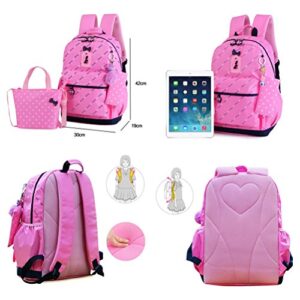 VIDOSCLA 3Pcs Heart Printing Backpack Sets Bowknot Primary Schoolbag Travel Daypack Shoulder Bag Girls Rucksack knapsack