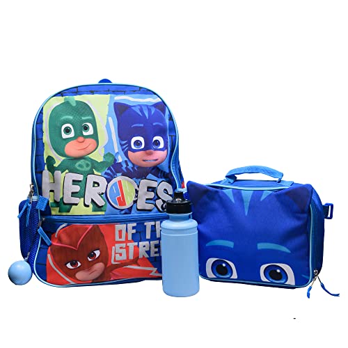 PJ Masks Girls & Boys Toddler 4 Piece Backpack Set for Kindergarten; Catboy, Gekko,& Owlette Travel School Bag w/Front Zip Pocket, Insulated Lunch Box, H2O Bottle, & Squish Ball Dangle