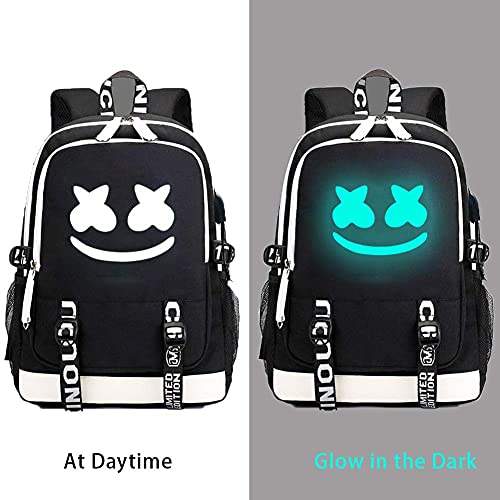 PIESWEETY Smile Luminous Backpack with USB Charging Port & Bracelet, School Laptop Backpack DJ Music Student Daypack Travel Bag Rucksack, Black, Large