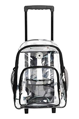 K-Cliffs Rolling Clear Backpack Heavy Duty Bookbag Quality See Through Workbag Travel Daypack Transparent School Book Bags with Wheels Black