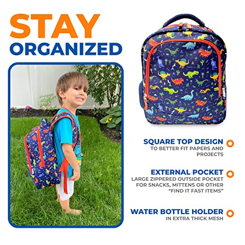 Dinosaur Backpack for Kids Toddlers Boys, Cute 13” Daycare PreSchool Kindergarten Elementary School Boy Backpacks, Water Bottle Pocket Holder, Insulated Padded Bags, Toddler Travel Bag, Blue Dino