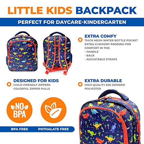 Dinosaur Backpack for Kids Toddlers Boys, Cute 13” Daycare PreSchool Kindergarten Elementary School Boy Backpacks, Water Bottle Pocket Holder, Insulated Padded Bags, Toddler Travel Bag, Blue Dino